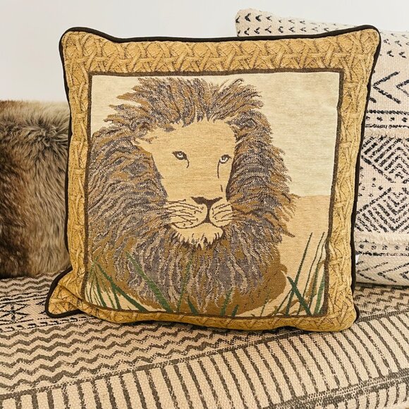 1 Tapestry Lion Golden Brown Throw Pillow by Riverdale 15 Inch Decorative Square - Picture 1 of 11